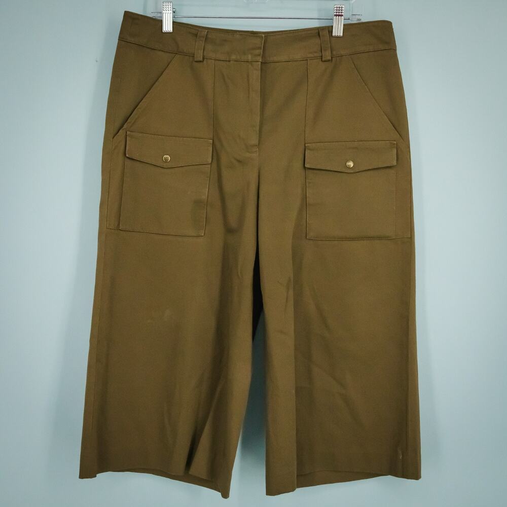 L.L. Bean Size 12 Brown Wide Leg Cropped Button Zip Cargo Stretch Cotton Pants